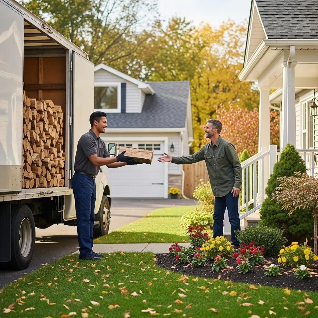 Delivery truck unloading firewood at a home, illustrating convenient firewood delivery services