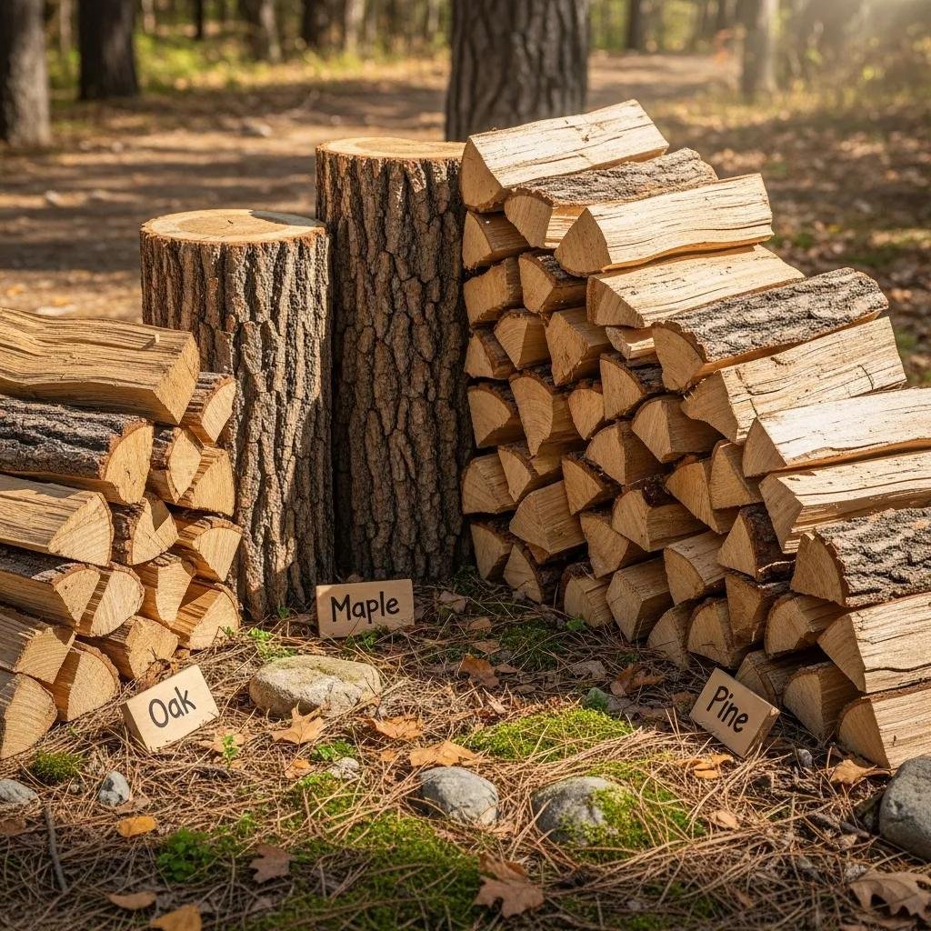 Display of various firewood species outdoors, highlighting options for delivery or pickup