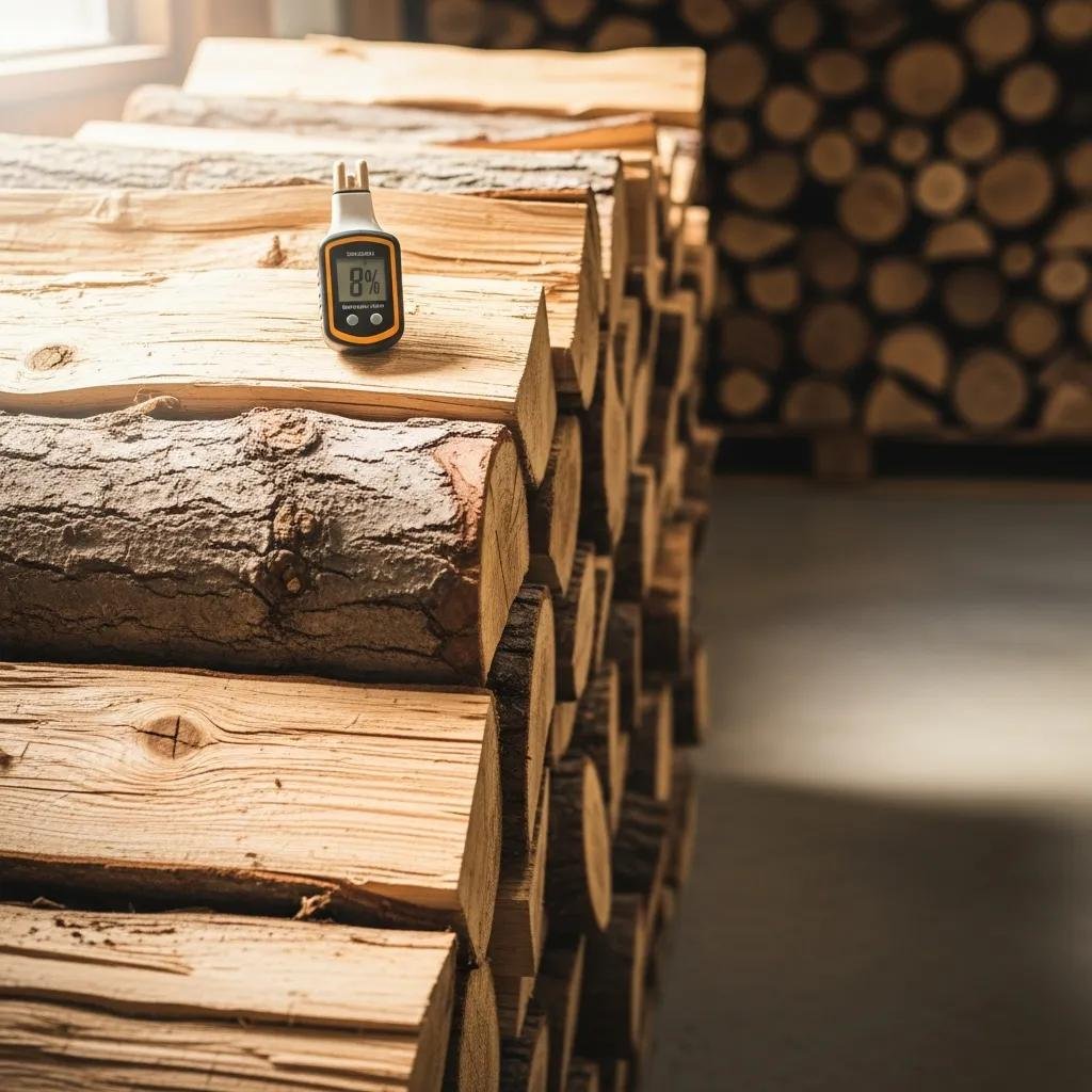 Kiln-dried firewood logs stacked neatly, emphasizing low moisture content and efficient burning benefits