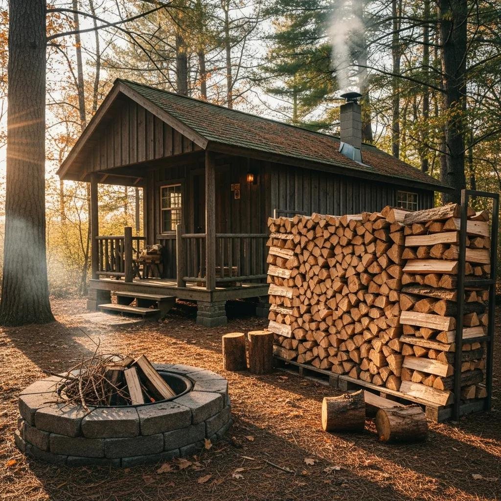 Premium seasoned firewood stacked beside a rustic cabin, showcasing quality and convenience for home heating, with a fire pit in the foreground.