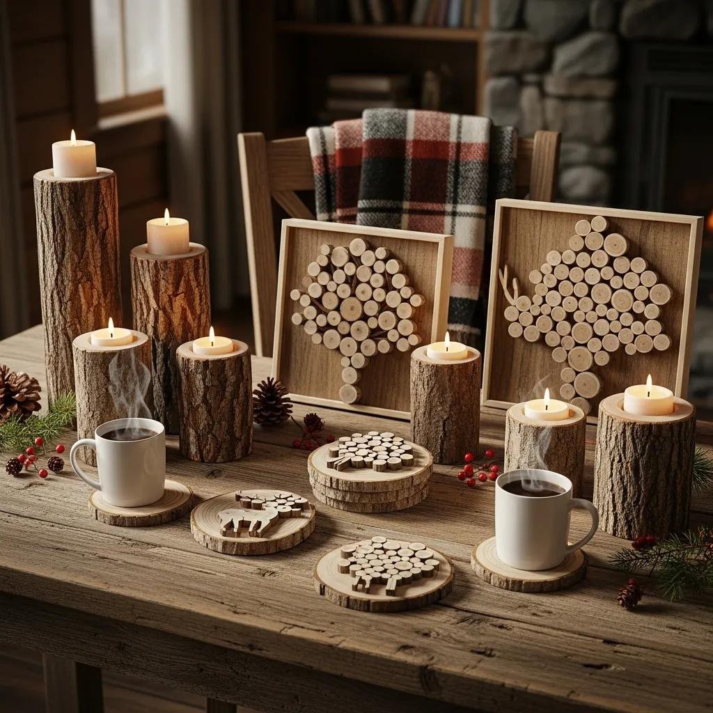 Rustic DIY firewood crafts featuring candle holders, coasters, and decorative wooden art pieces on a wooden table, showcasing creative home accents for firewood enthusiasts.