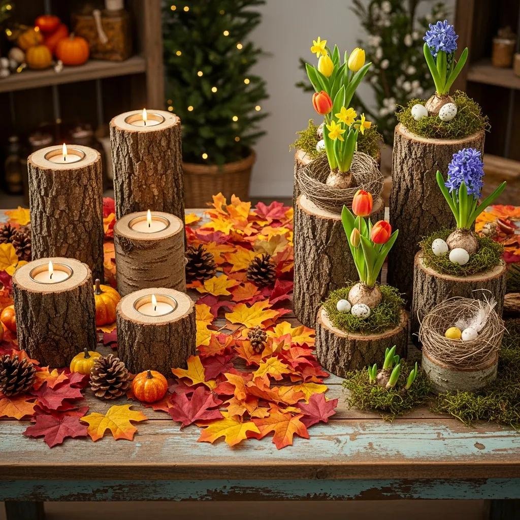 Seasonal firewood crafts including candle holders and log risers with plants