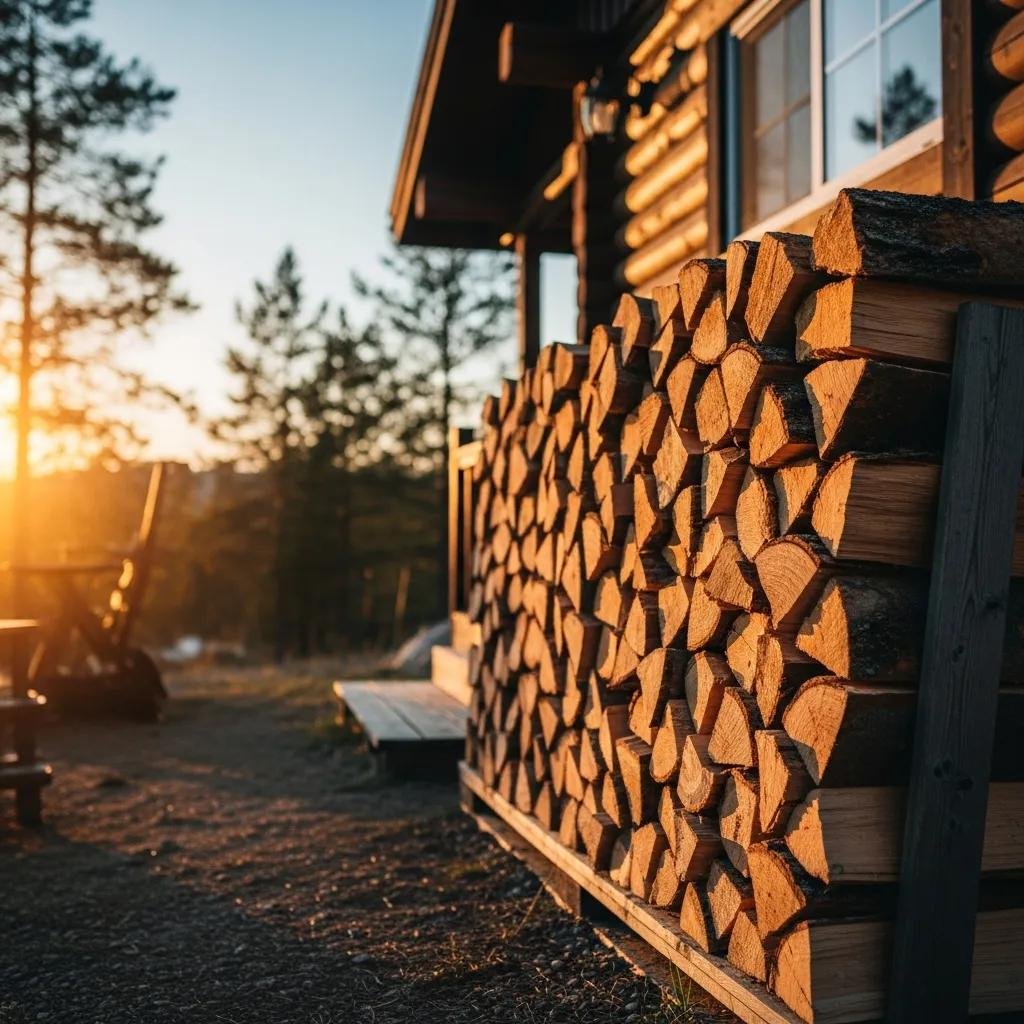 Stack of seasoned firewood next to a rustic cabin at sunset, symbolizing warmth and comfort for firewood delivery and pickup services.