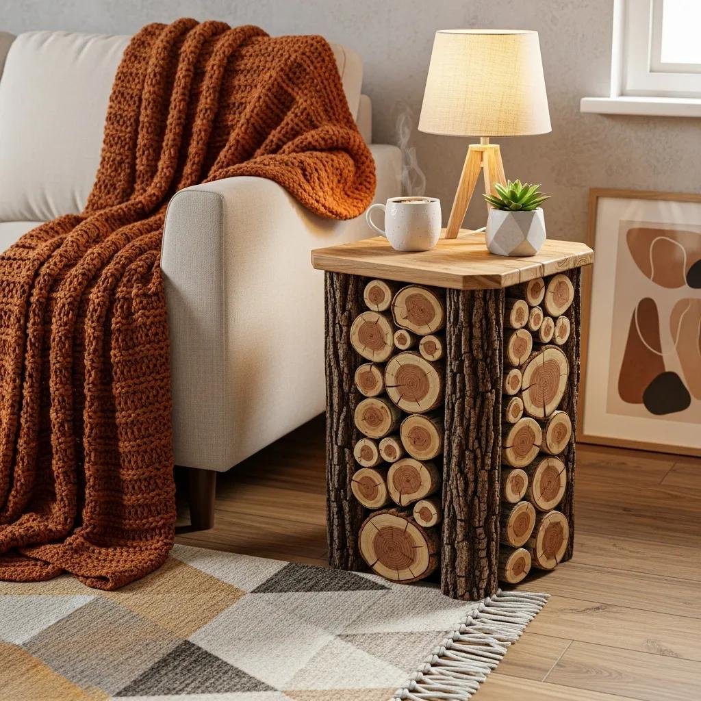 Stylish firewood side table made from stacked logs in a cozy living room