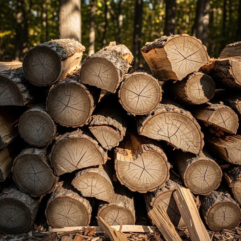 Close-up of seasoned hardwood logs showing cracks and lightweight characteristics, highlighting benefits for customer satisfaction