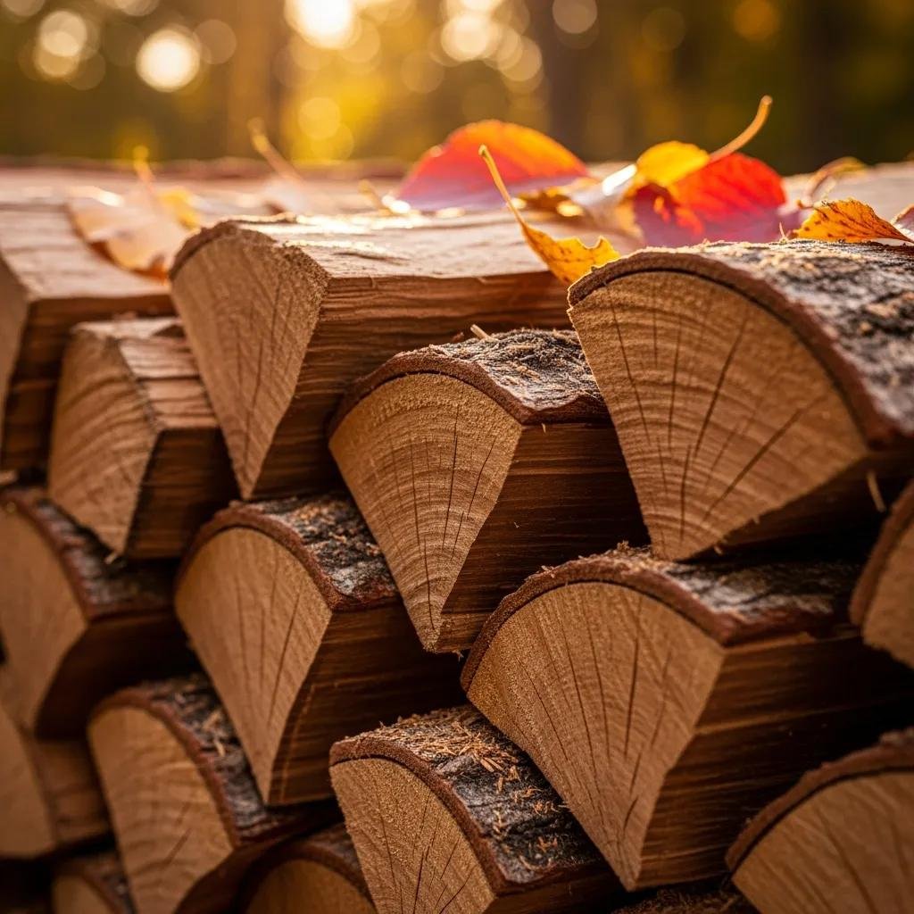Close-up of seasoned oak firewood, highlighting its rich texture and quality for efficient burning