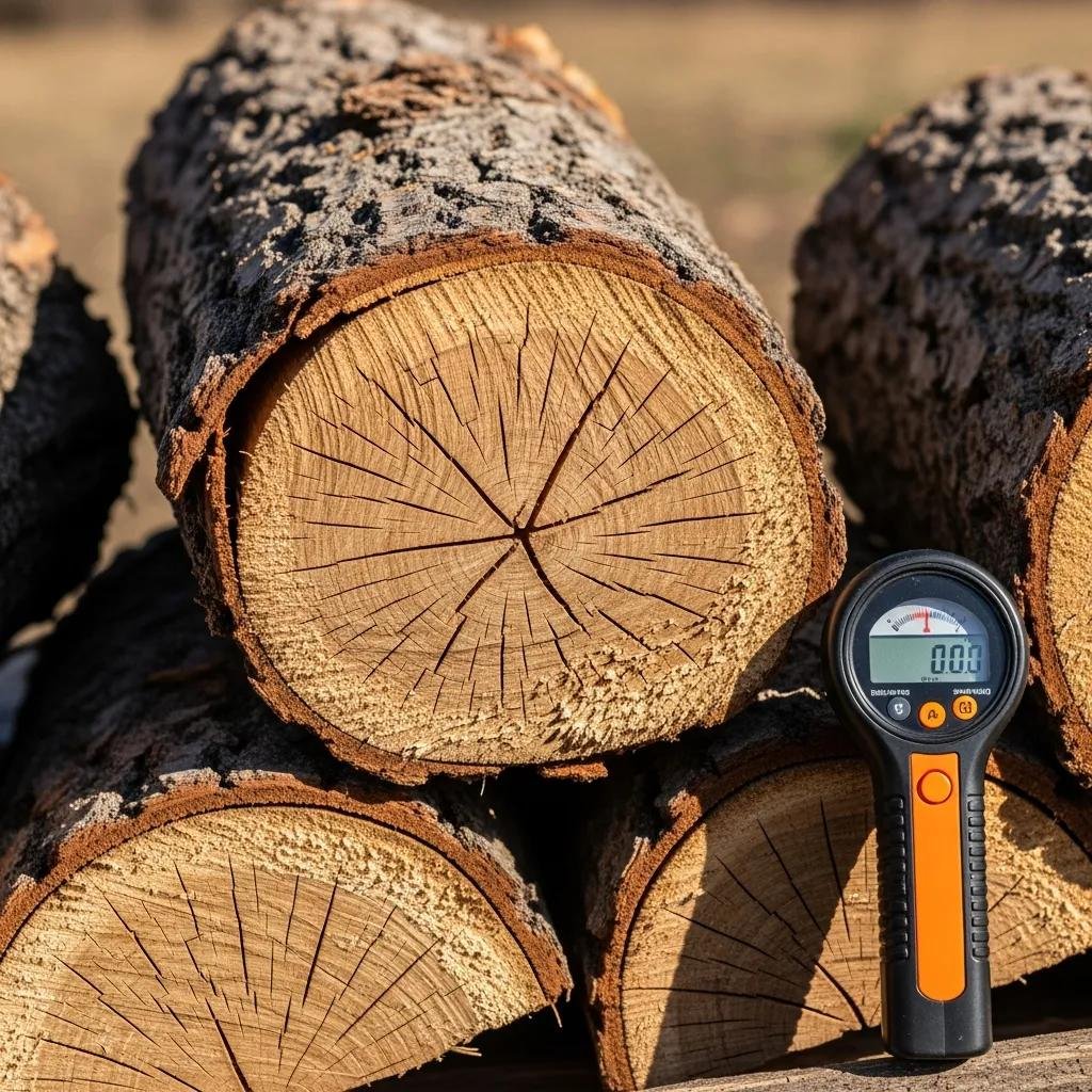 Close-up of seasoned oak firewood showing end-checking and loose bark in a natural setting
