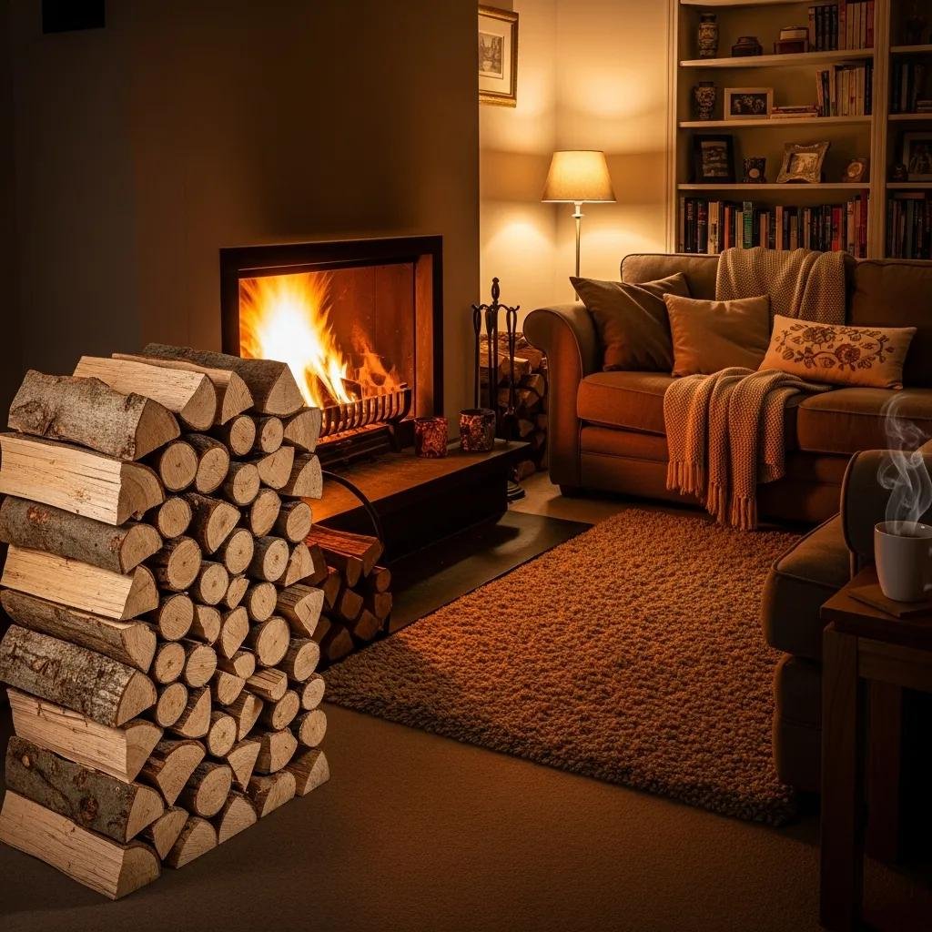 Cozy living room featuring a fireplace with a warm fire, neatly stacked seasoned firewood, and a comfortable sofa, representing quality firewood services and customer satisfaction.