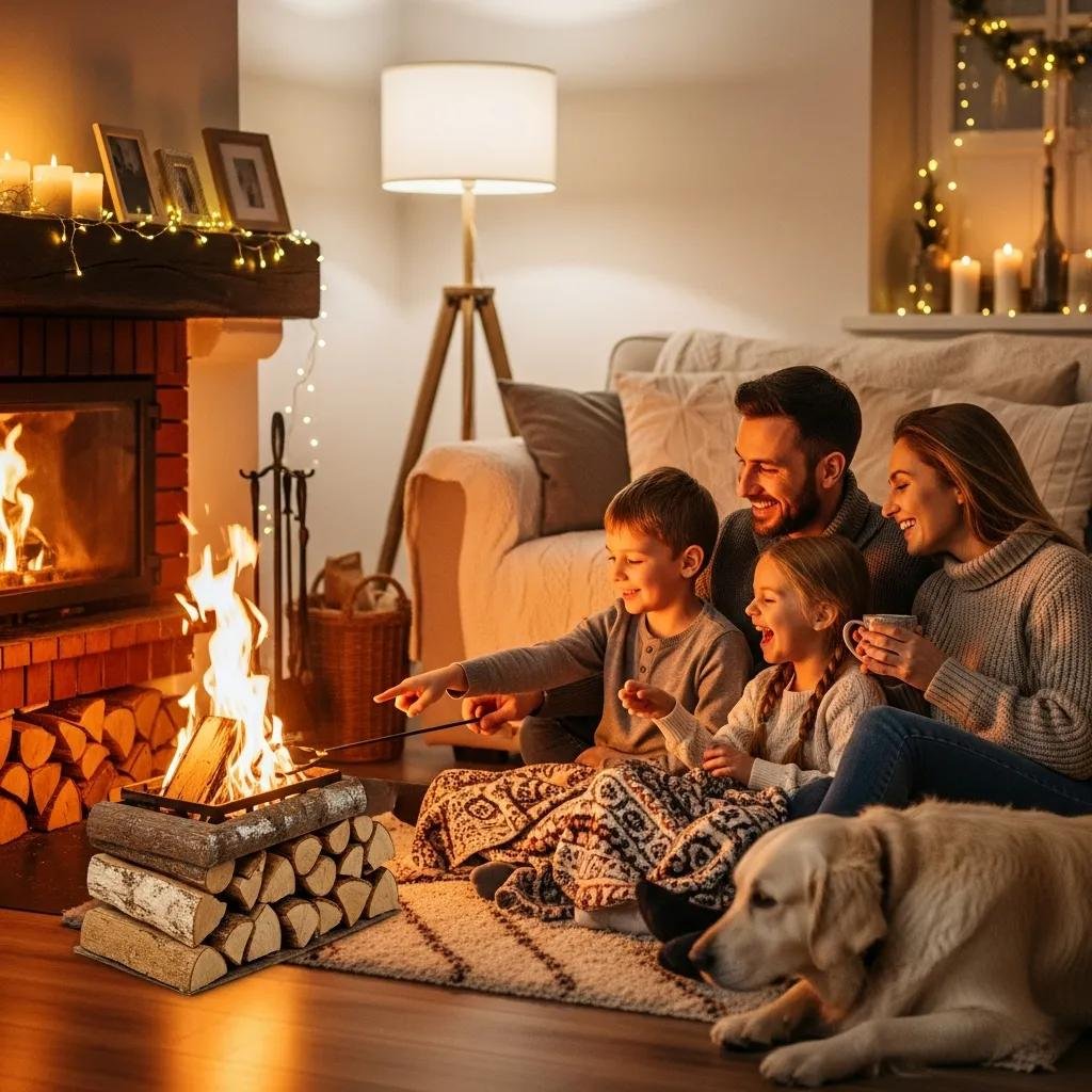 Family enjoying a cozy fire in their living room with premium firewood