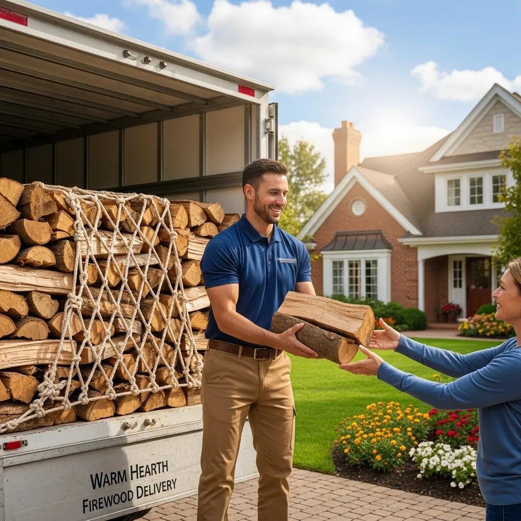 Friendly delivery person unloading seasoned firewood at a customer's home, showcasing the delivery process