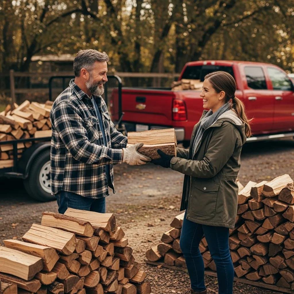 Local firewood supplier assisting a customer, showcasing community connection and personalized service in DeLand