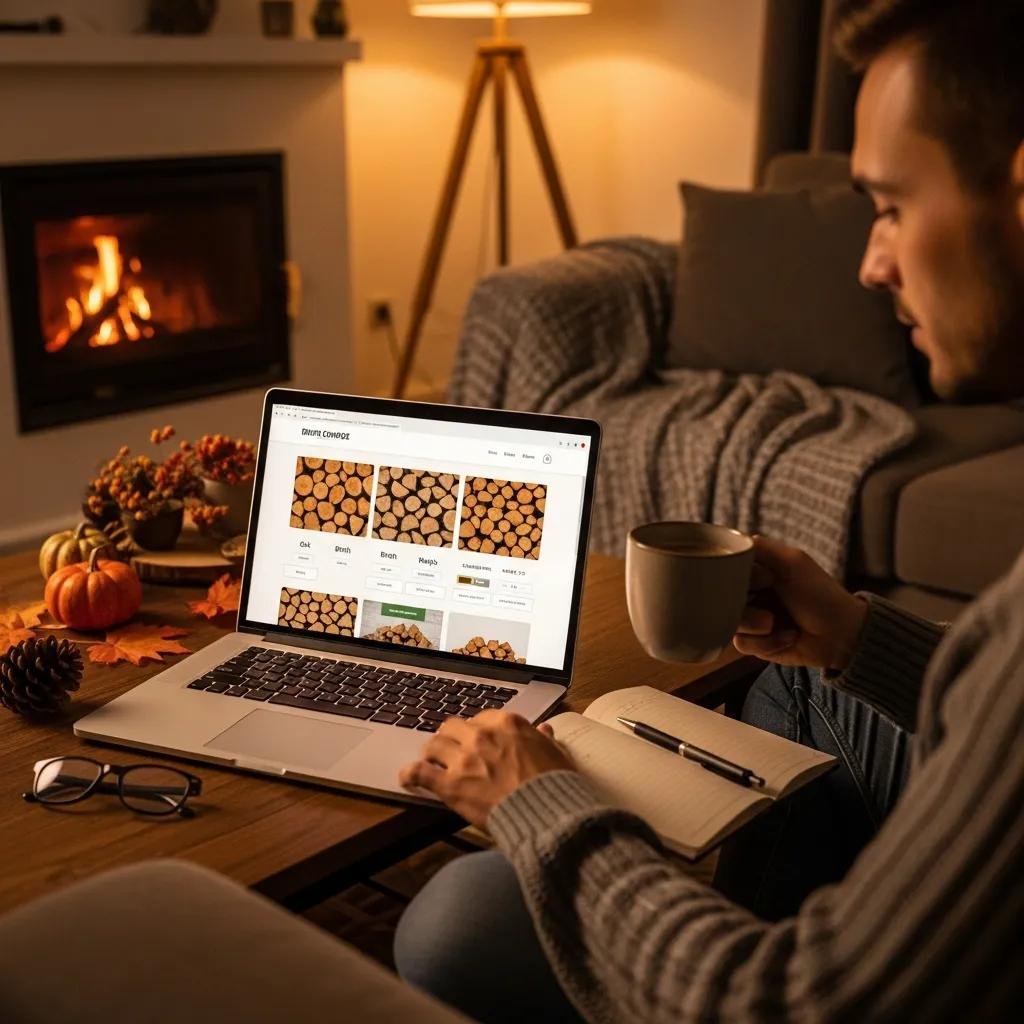 Person ordering firewood online from a cozy home, illustrating the convenience of the delivery service