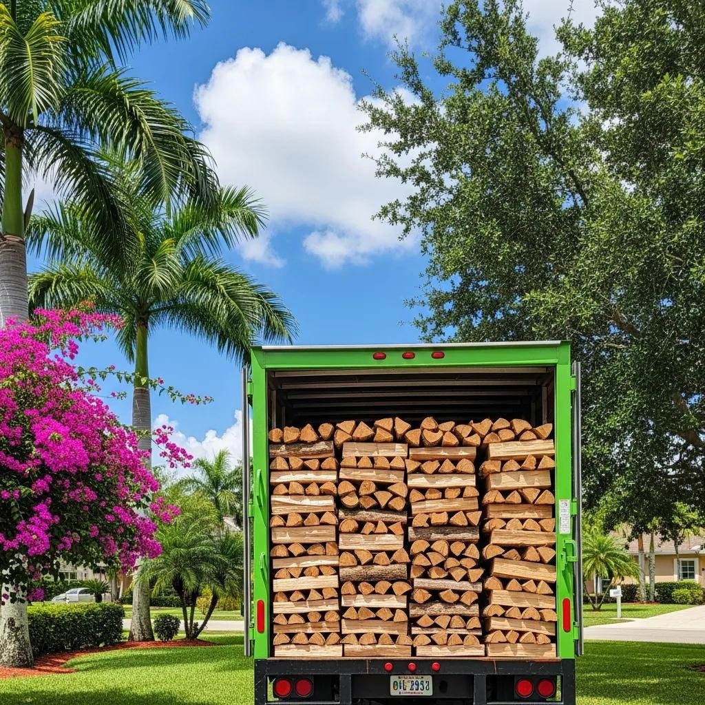Premium firewood delivery truck filled with seasoned wood, surrounded by palm trees and colorful flowers in a sunny Central Florida neighborhood.