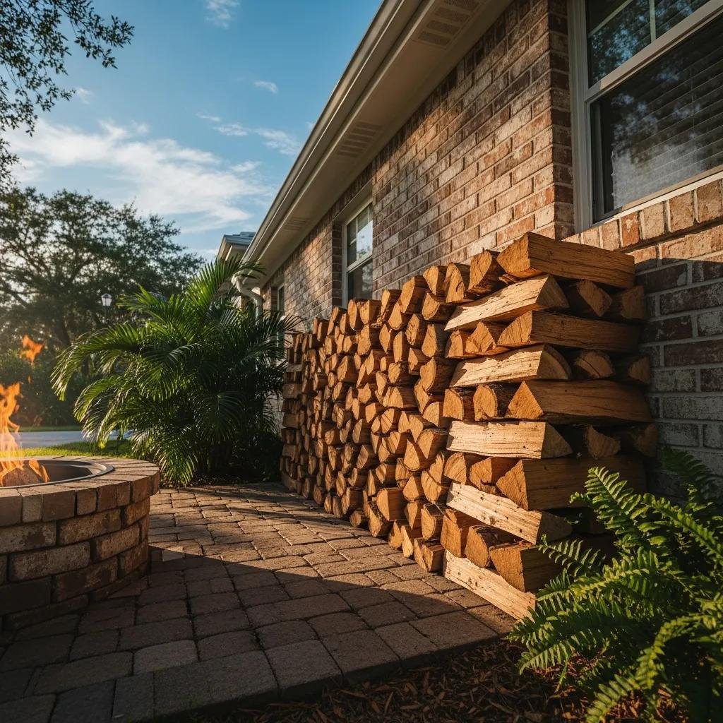 Premium seasoned firewood stacked beside a cozy home in Edgewater, FL, showcasing warmth and comfort, with a fire pit and lush greenery.