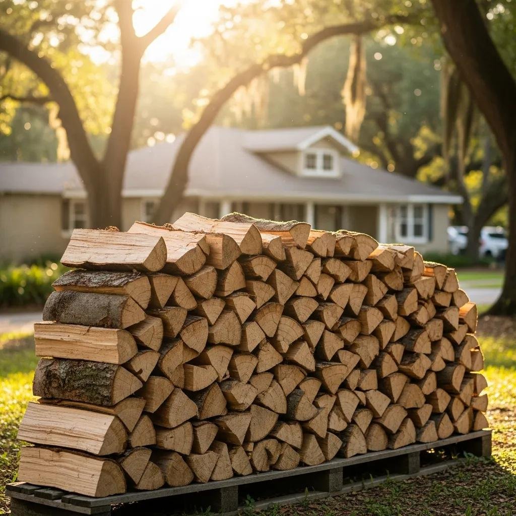Premium seasoned firewood stacked in a rustic outdoor setting, showcasing quality and reliability for home heating in DeLand, Florida.