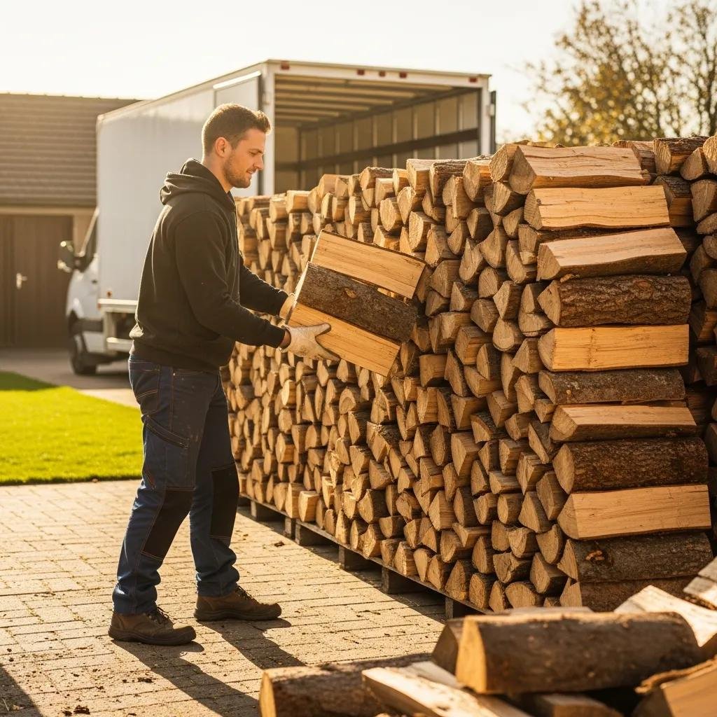 Professional stacking of seasoned oak firewood in a backyard during delivery