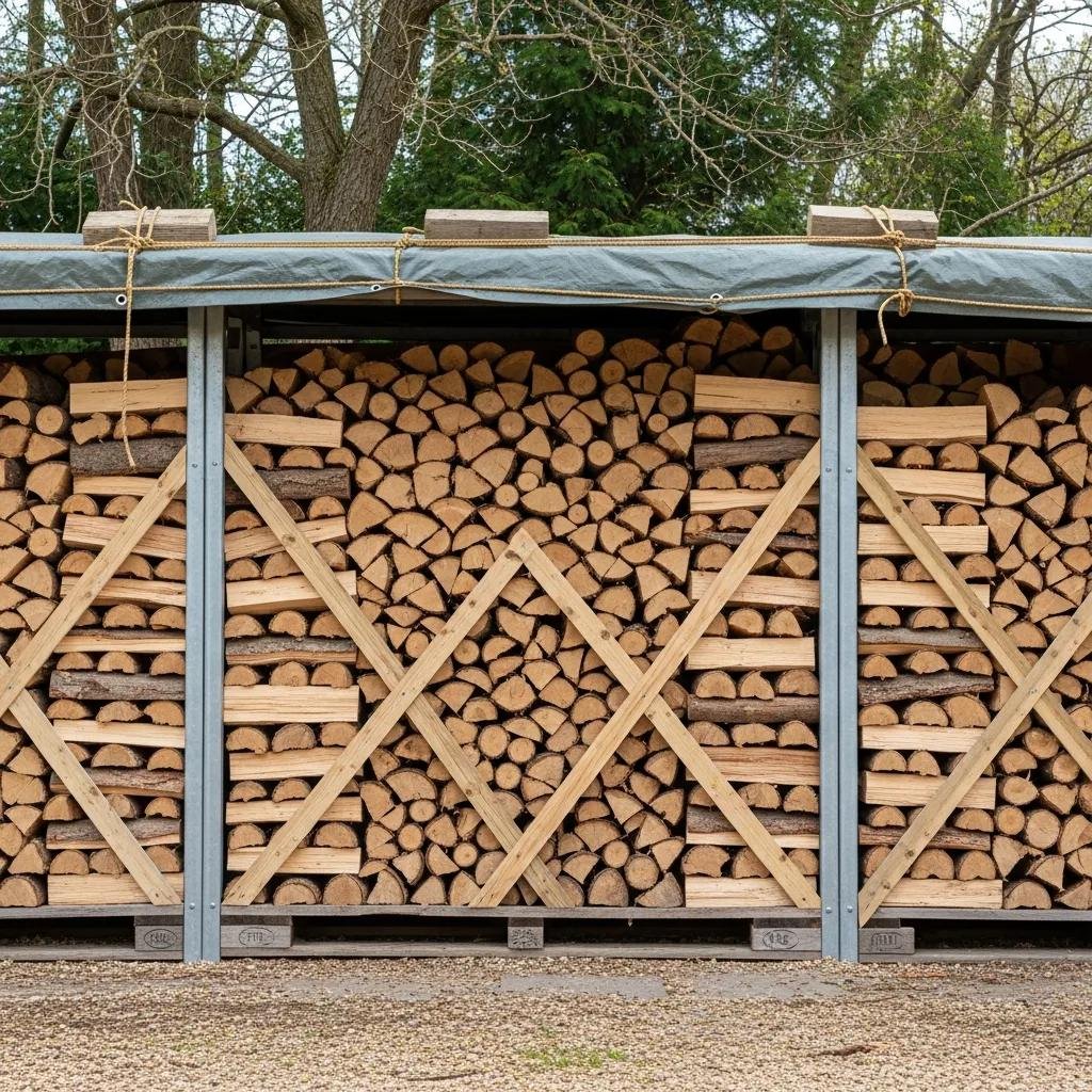 Properly stacked firewood in a dry storage area, demonstrating best practices for storage and ventilation