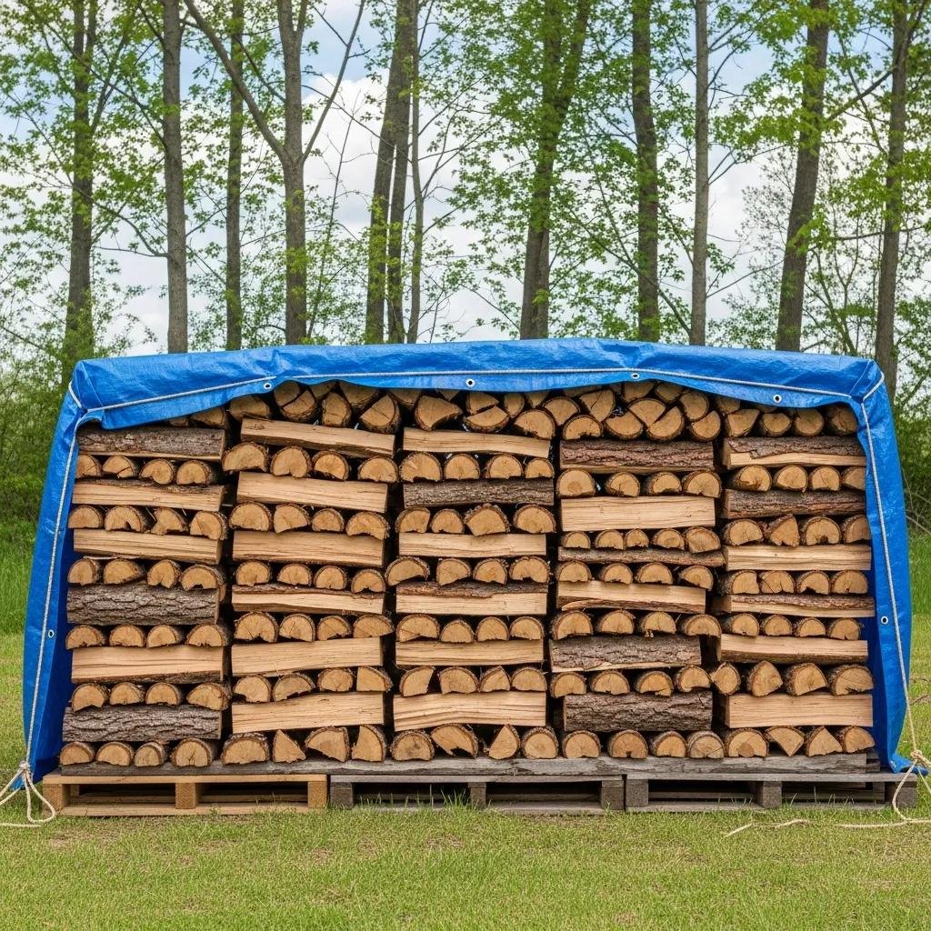 Properly stacked firewood on pallets with a tarp cover, demonstrating best practices for storage and care