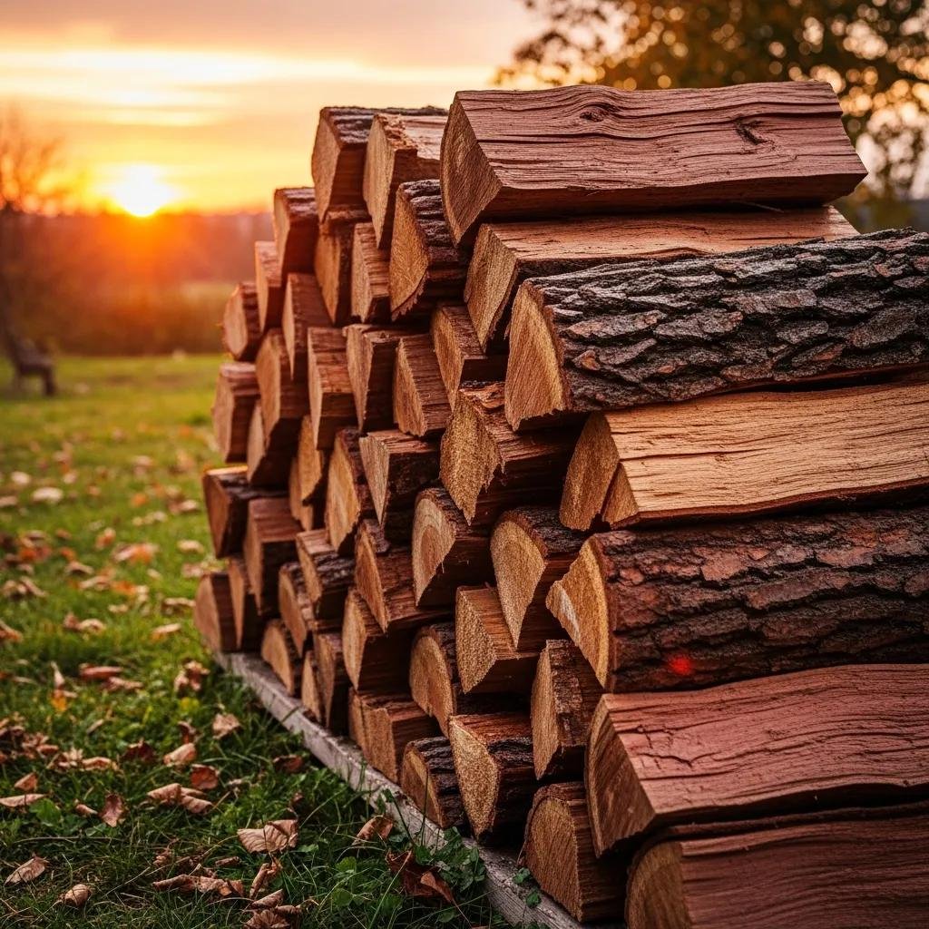 Seasoned oak firewood stacked neatly in a rustic outdoor setting, bathed in warm sunset light, emphasizing quality and warmth for efficient home heating.