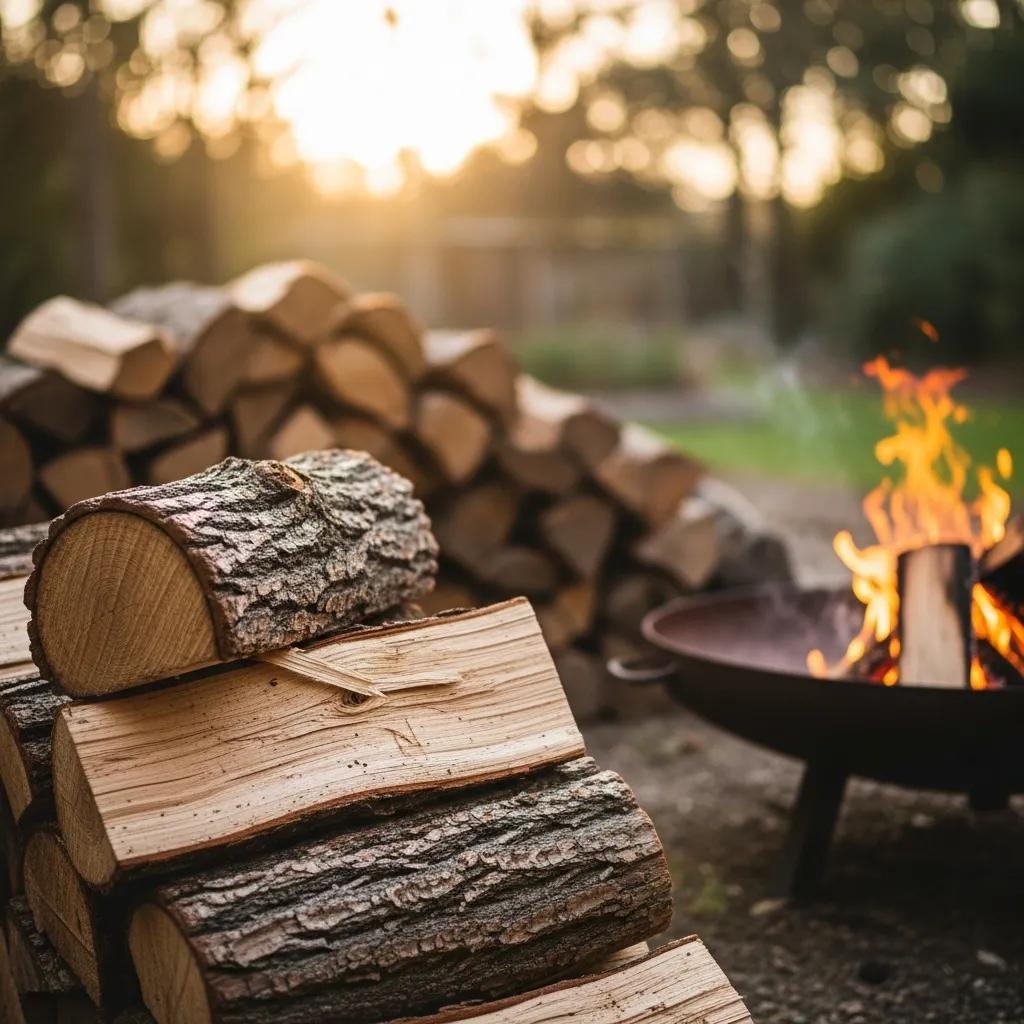 Stack of seasoned oak firewood beside a warm fire pit in a cozy outdoor setting, highlighting premium firewood for efficient burning and local purchase options.